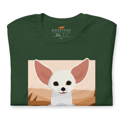 Front Details of a Forest Green Premium Fennec Fox T-Shirt featuring an adorable Dessert Addict graphic on the chest - Cute Graphic Fennec Fox Tees - Boozy Fox