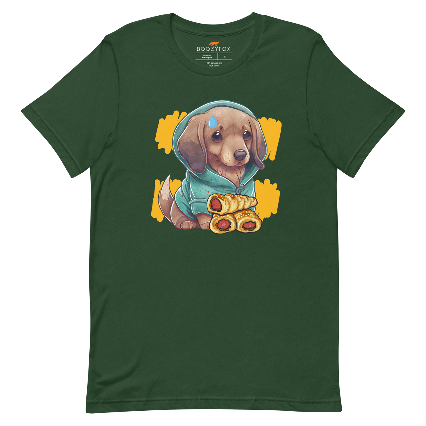 Forest Green Premium Sausage Dog T-Shirt featuring an adorable sausage roll dachshund graphic on the chest - Cute Graphic Dachshund  Tees - Boozy Fox