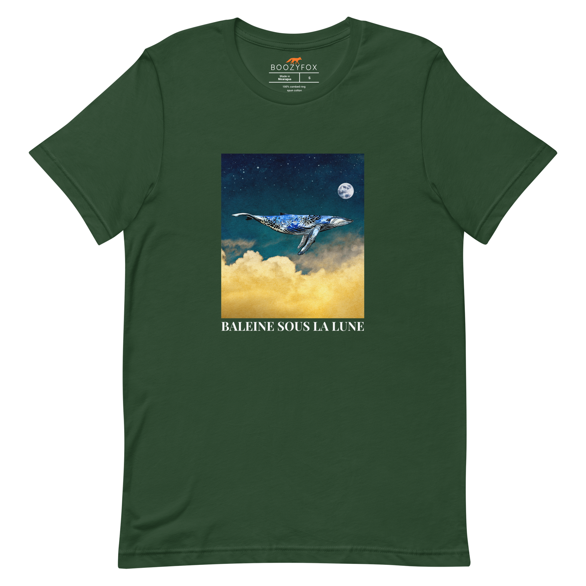 Forest Green Premium Whale T-Shirt featuring a majestic Whale Under The Moon graphic on the chest - Cool Graphic Whale Tees - Boozy Fox