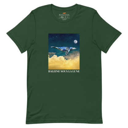 Forest Green Premium Whale T-Shirt featuring a majestic Whale Under The Moon graphic on the chest - Cool Graphic Whale Tees - Boozy Fox