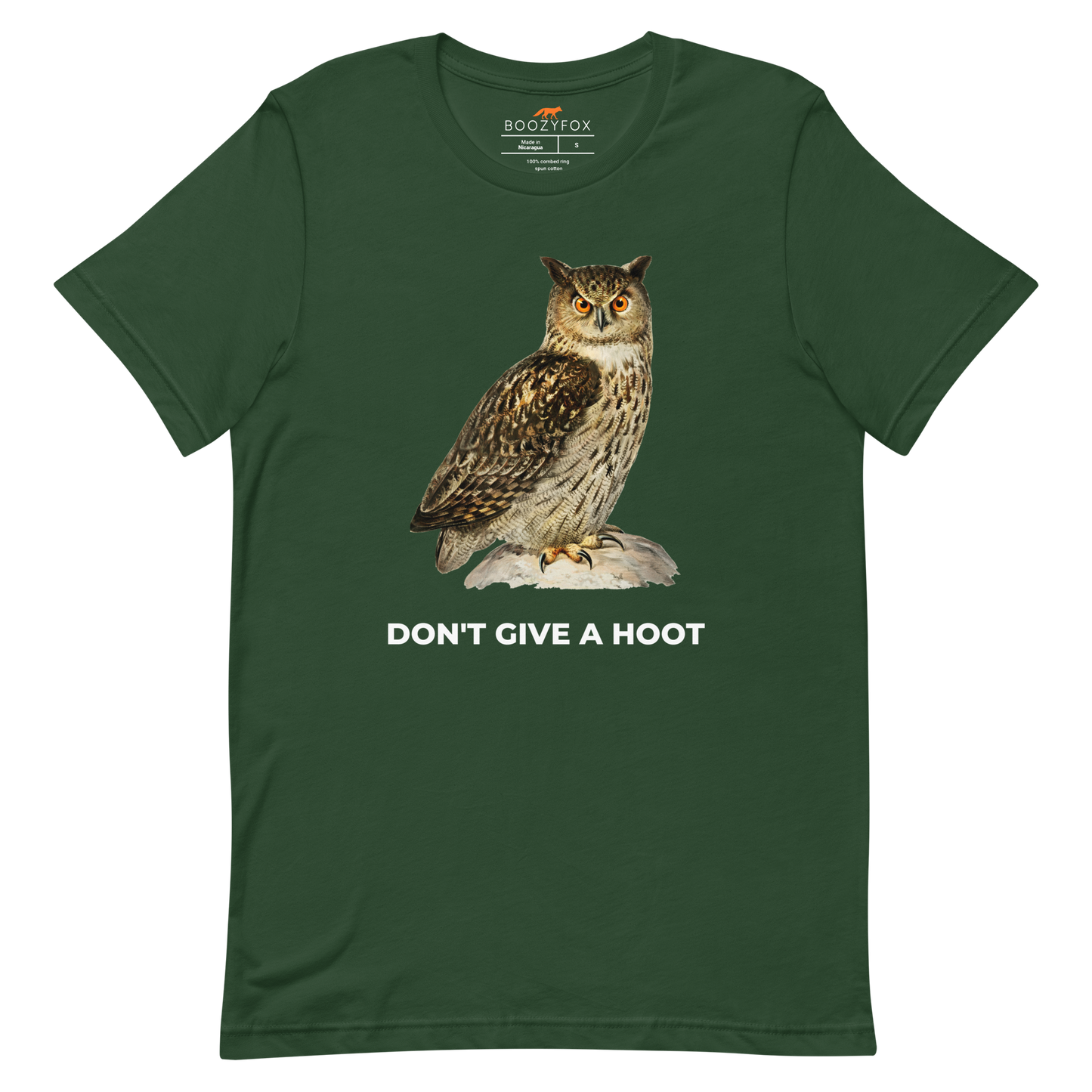 Forest Green Premium Owl T-Shirt featuring a captivating Don't Give A Hoot graphic on the chest - Funny Graphic Owl Tees - Boozy Fox