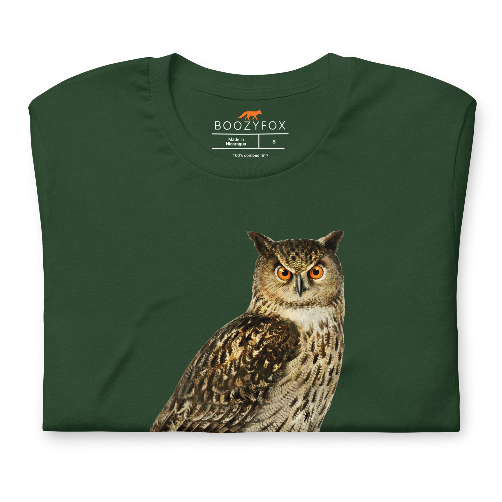 Front details of a Forest Green Premium Owl T-Shirt featuring a captivating Don't Give A Hoot graphic on the chest - Funny Graphic Owl Tees - Boozy Fox