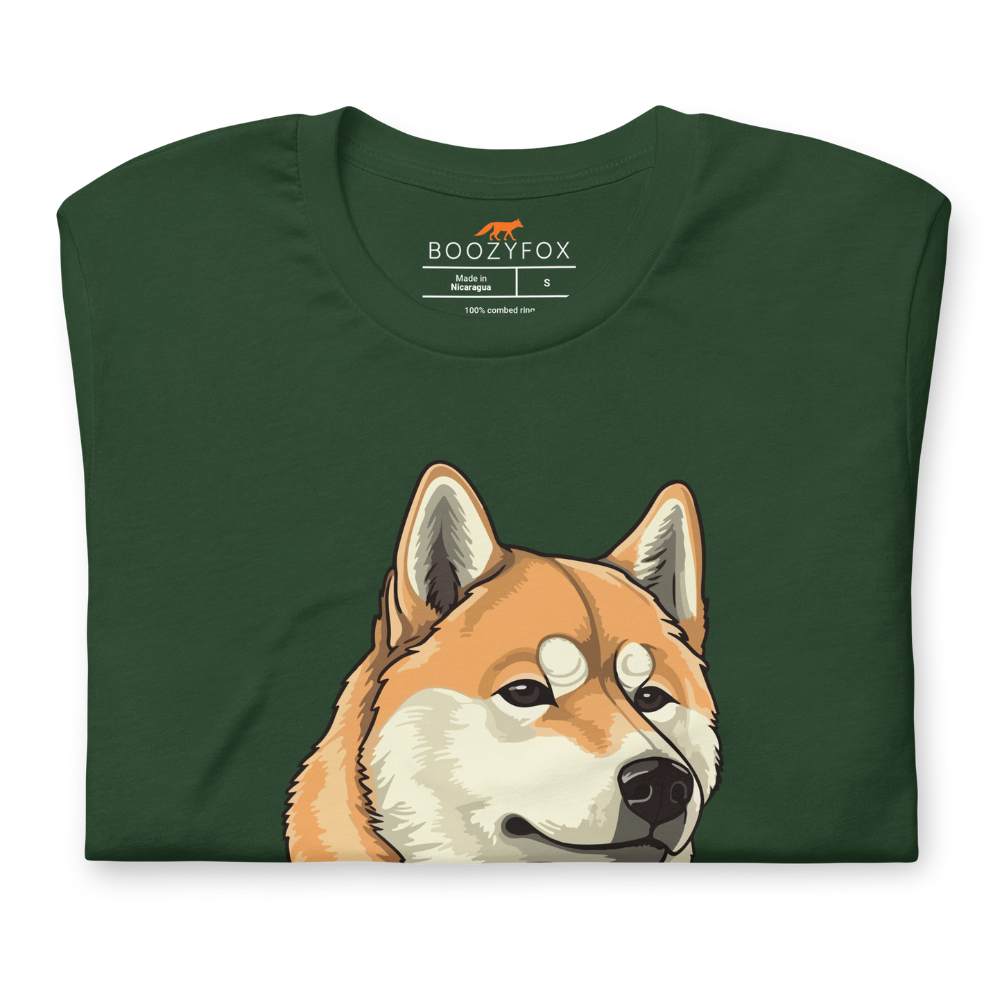 Front details of a Forest Green Premium Shiba Inu T-Shirt featuring the Inu-Credible graphic on the chest - Funny Graphic Shiba Inu Tees - Boozy Fox
