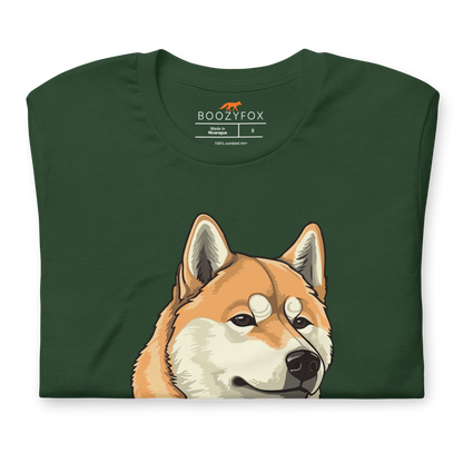 Front details of a Forest Green Premium Shiba Inu T-Shirt featuring the Inu-Credible graphic on the chest - Funny Graphic Shiba Inu Tees - Boozy Fox