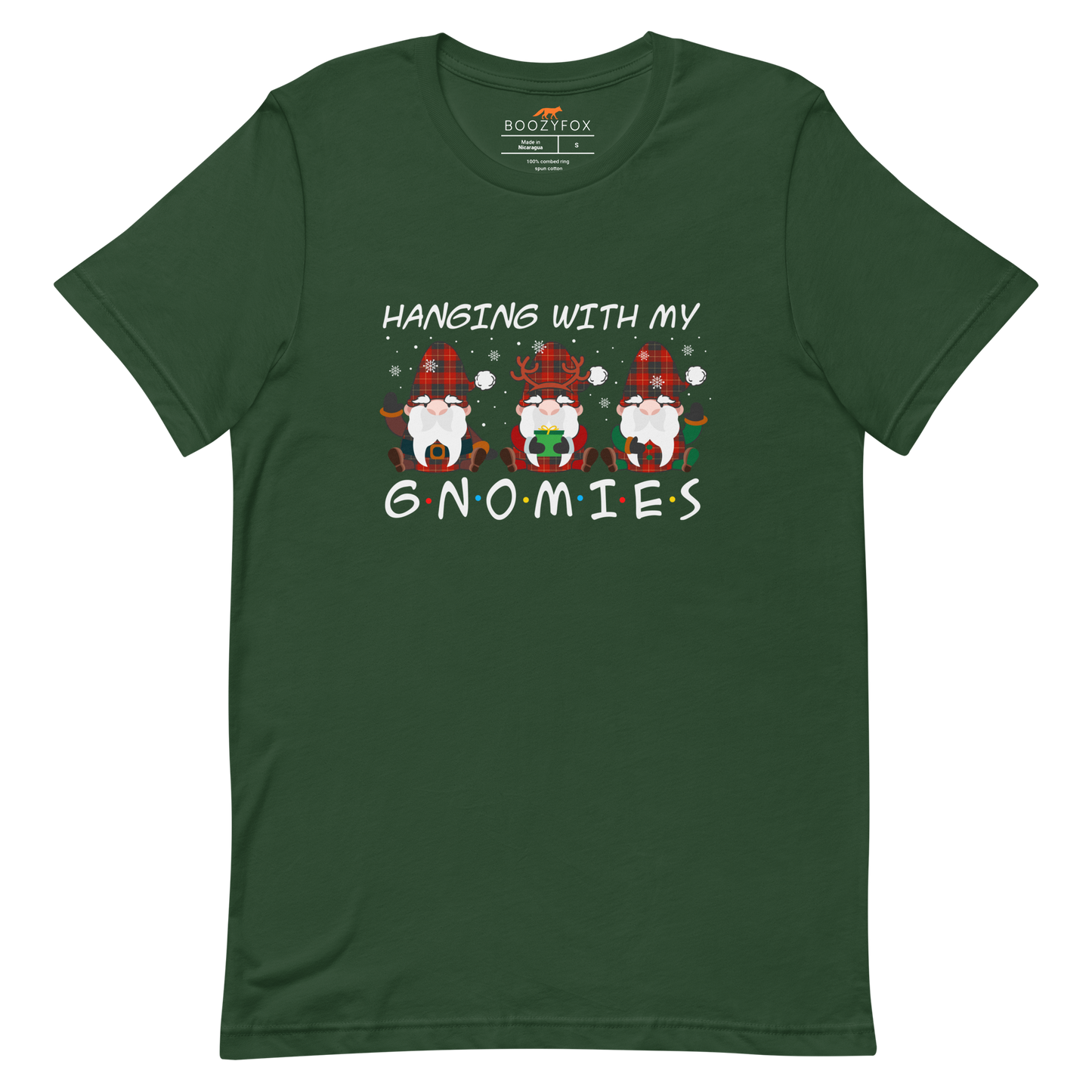 Forest Green Premium Christmas Gnome Tee featuring a delight Hanging With My Gnomies graphic on the chest - Funny Christmas Graphic Gnome Tees - Boozy Fox