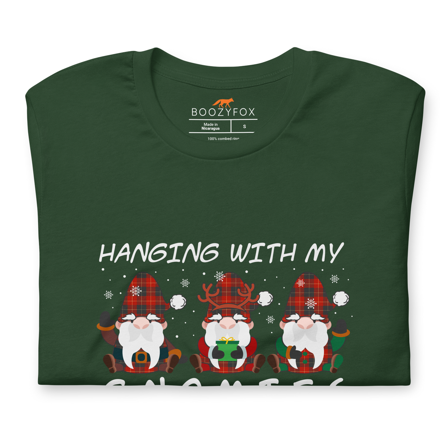 Front details of a Forest Green Premium Christmas Gnome Tee featuring a delight Hanging With My Gnomies graphic on the chest - Funny Christmas Graphic Gnome Tees - Boozy Fox