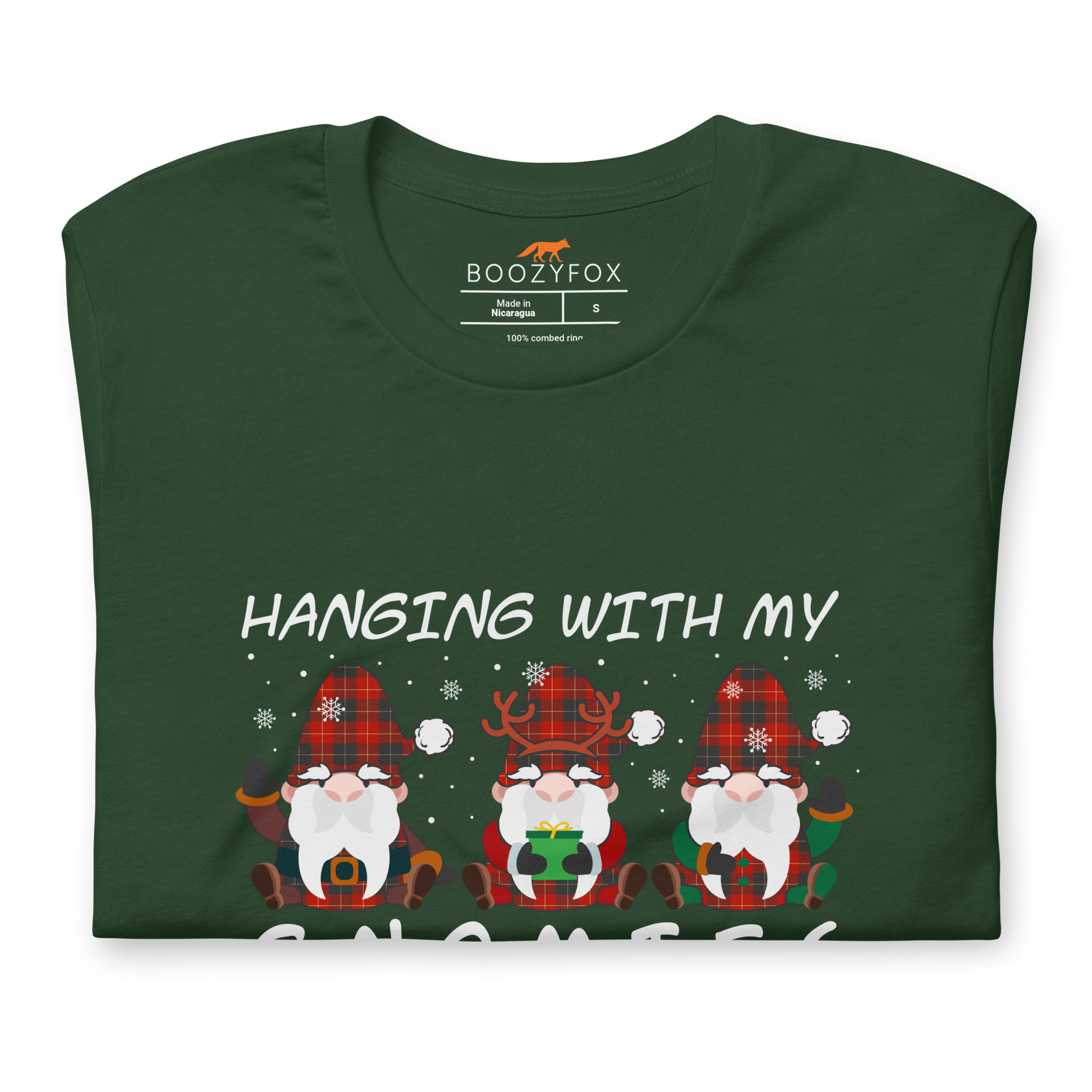 Front details of a Forest Green Premium Christmas Gnome Tee featuring a delight Hanging With My Gnomies graphic on the chest - Funny Christmas Graphic Gnome Tees - Boozy Fox