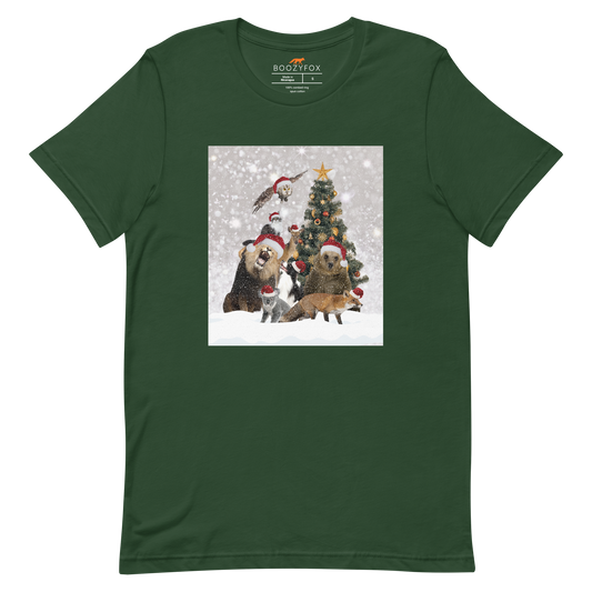 Forest Green Premium Christmas Animals Tee featuring a delightful Christmas Tree Surrounded by Adorable Animals graphic on the chest - Funny Christmas Tees - Boozy Fox