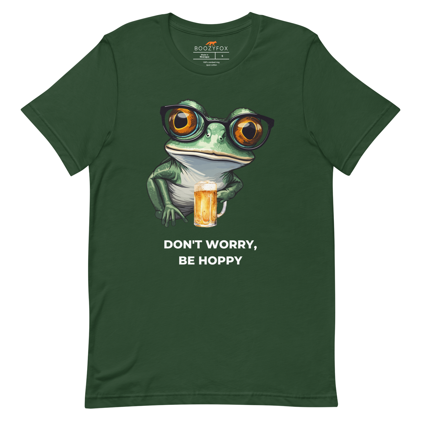 Forest Green Premium Frog Tee featuring a funny Don't Worry, Be Hoppy graphic on the chest - Funny Graphic Frog Tees - Boozy Fox
