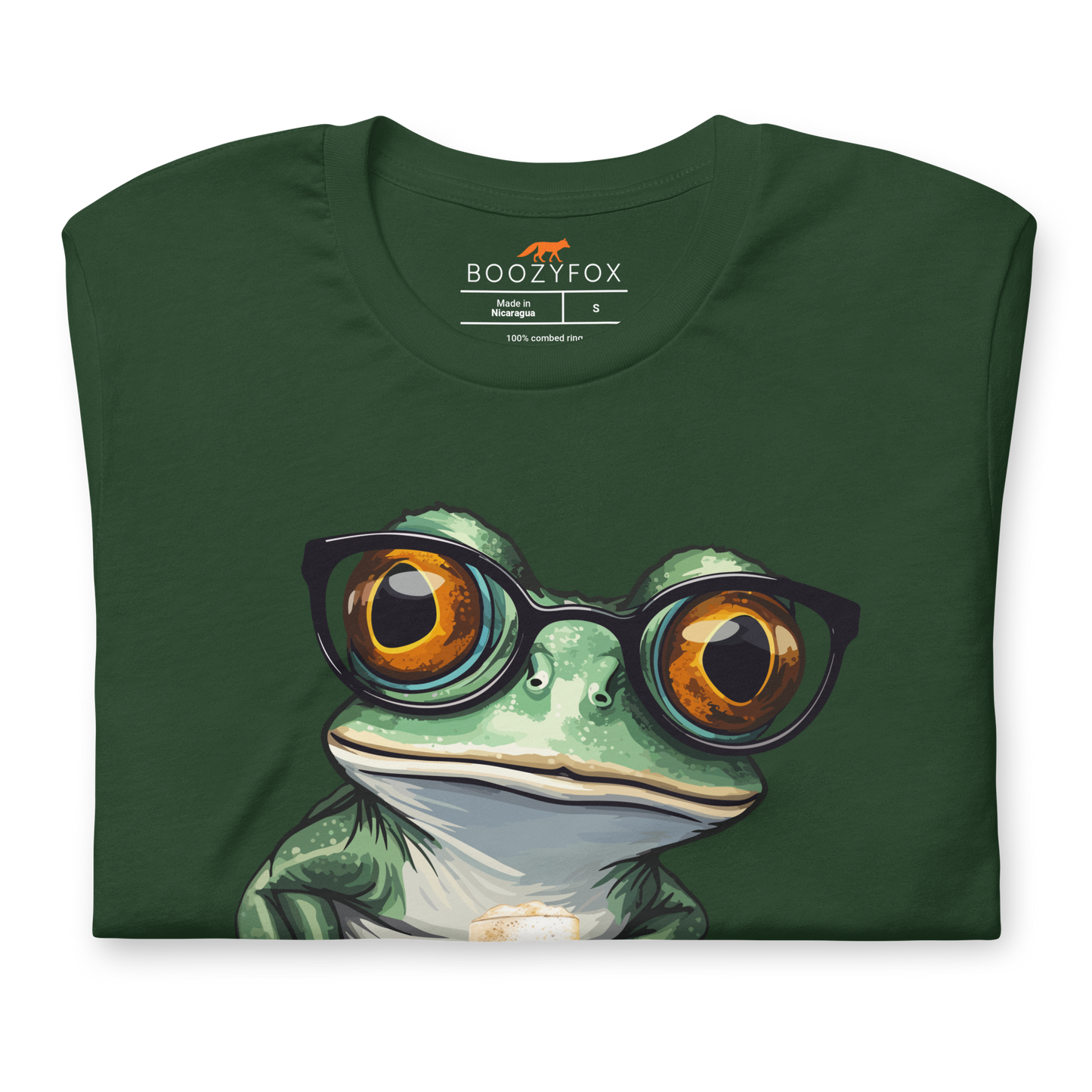Front details of a Forest Green Premium Frog Tee featuring a funny Don't Worry, Be Hoppy graphic on the chest - Funny Graphic Frog Tees - Boozy Fox