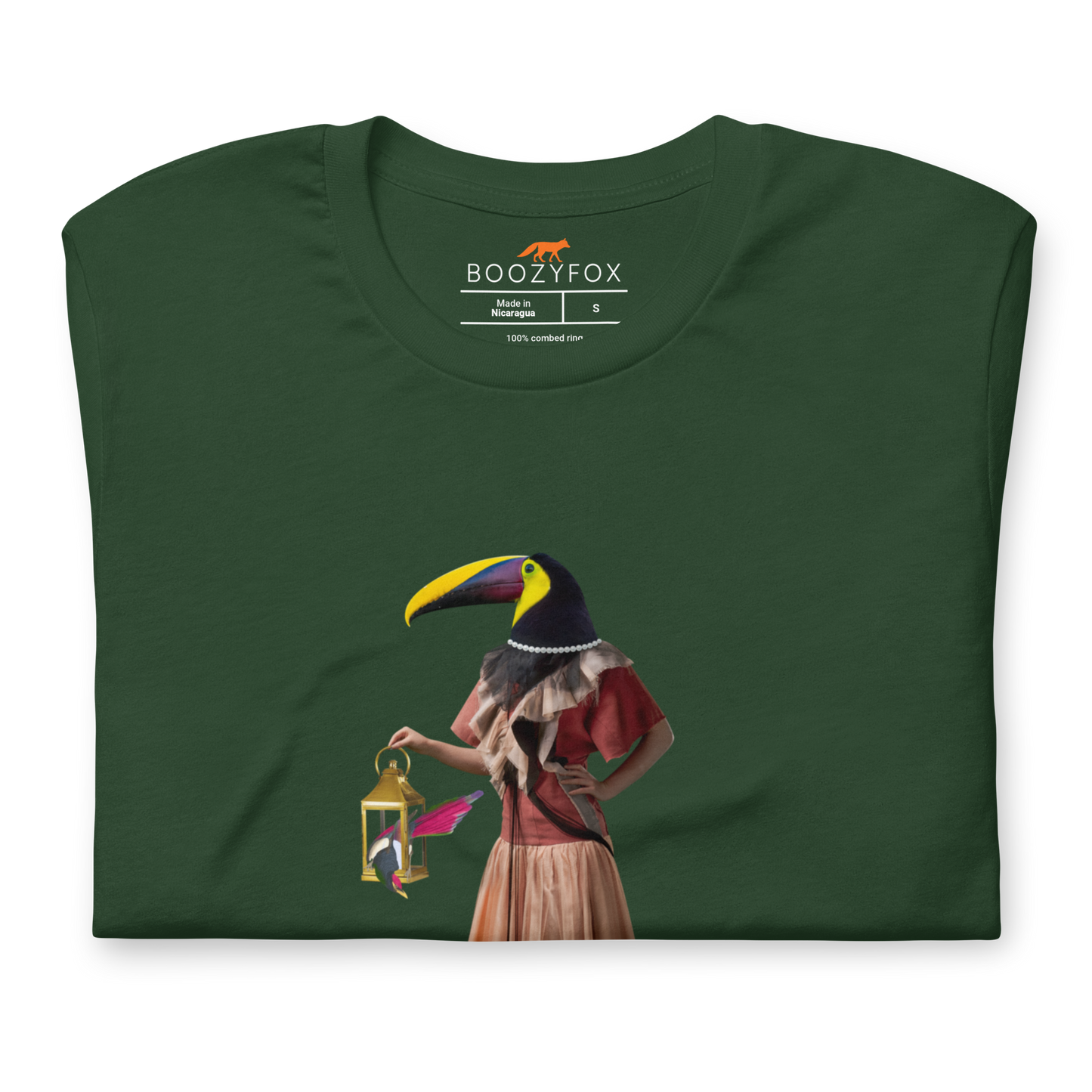 Front details of a Forest Green Premium Toucan T-Shirt featuring an Anthropomorphic Toucan graphic on the chest - Funny Graphic Toucan Tees - Boozy Fox