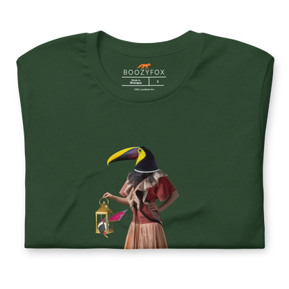 Front details of a Forest Green Premium Toucan T-Shirt featuring an Anthropomorphic Toucan graphic on the chest - Funny Graphic Toucan Tees - Boozy Fox