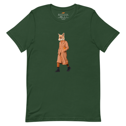 Forest Green Premium Fox T-Shirt featuring a sly Anthropomorphic Fox In a Trench Coat graphic on the chest - Funny Graphic Fox Tees - Boozy Fox