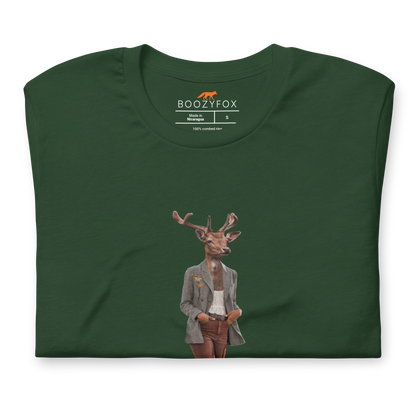 Front details of a Forest Green Premium Deer T-Shirt featuring an Anthropomorphic Deer graphic on the chest - Funny Graphic Deer Tees - Boozy Fox