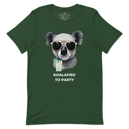 Forest Green Premium Koala Tee featuring an adorable Koalafied To Party graphic on the chest - Funny Graphic Koala Tees - Boozy Fox