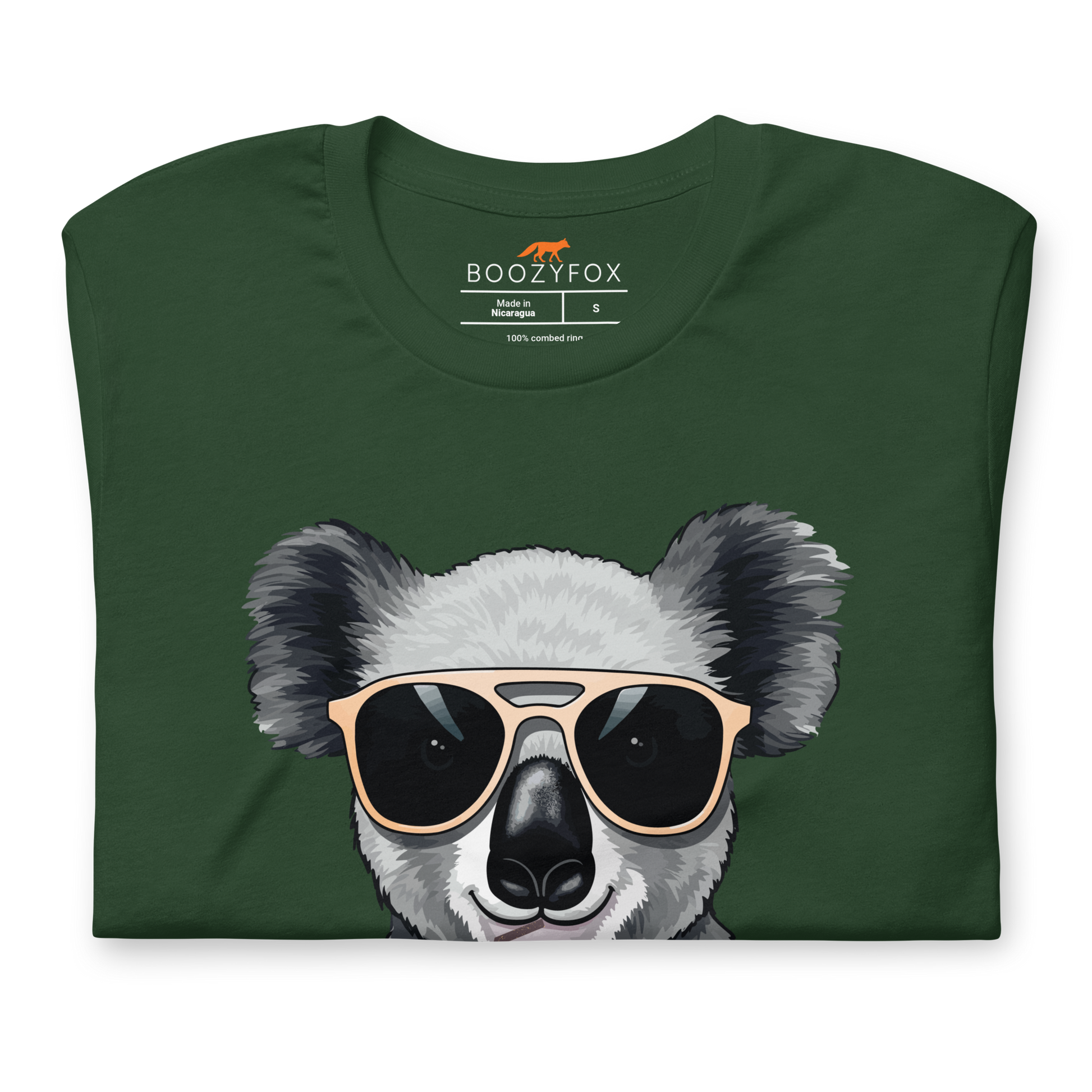 Front details of a Forest Green Premium Koala Tee featuring an adorable Koalafied To Party graphic on the chest - Funny Graphic Koala Tees - Boozy Fox