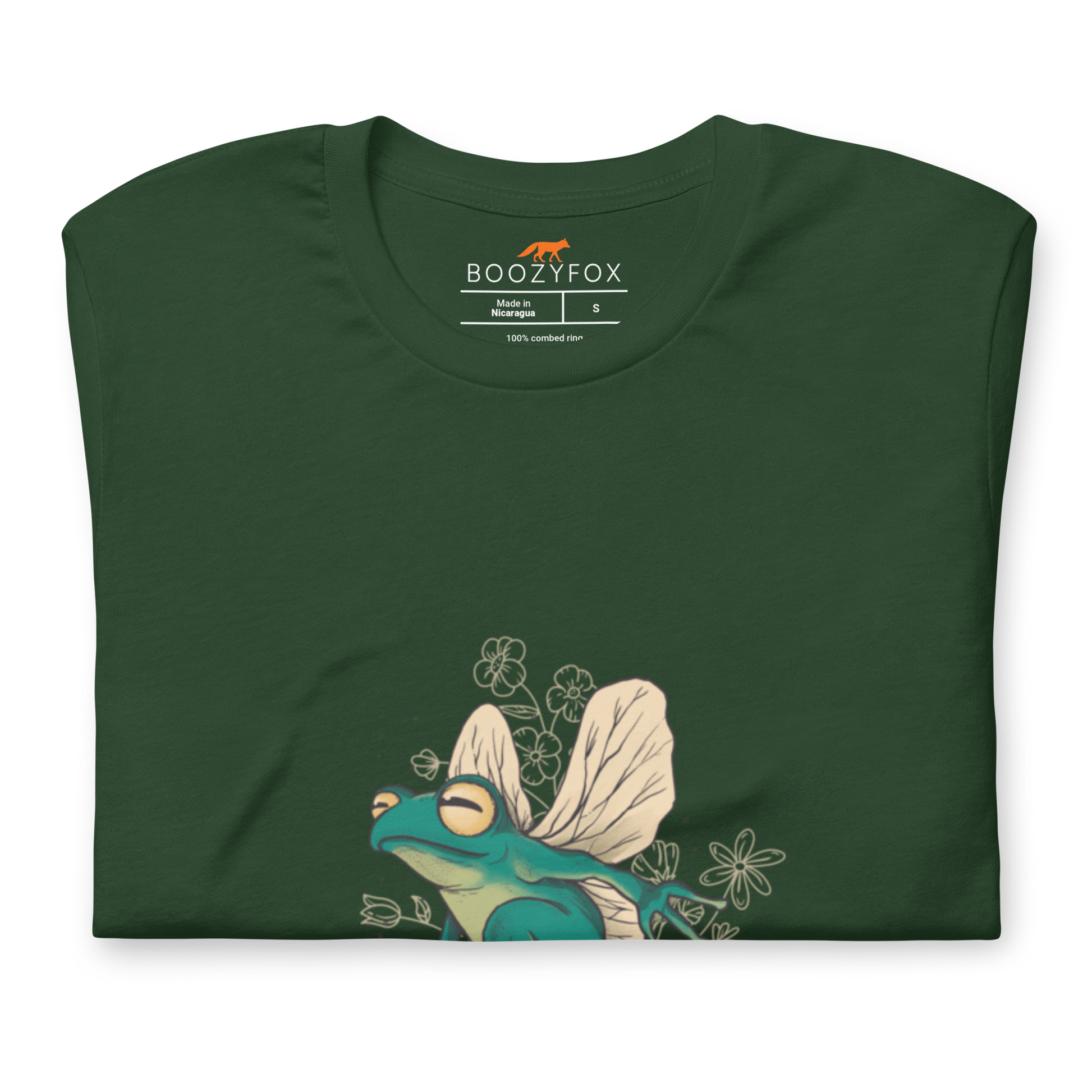 Front details of a Forest Green Premium Frog T-Shirt featuring an adorable Fairy Frog graphic on the chest - Funny Graphic Frog Tees - Boozy Fox