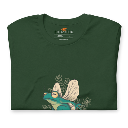 Front details of a Forest Green Premium Frog T-Shirt featuring an adorable Fairy Frog graphic on the chest - Funny Graphic Frog Tees - Boozy Fox