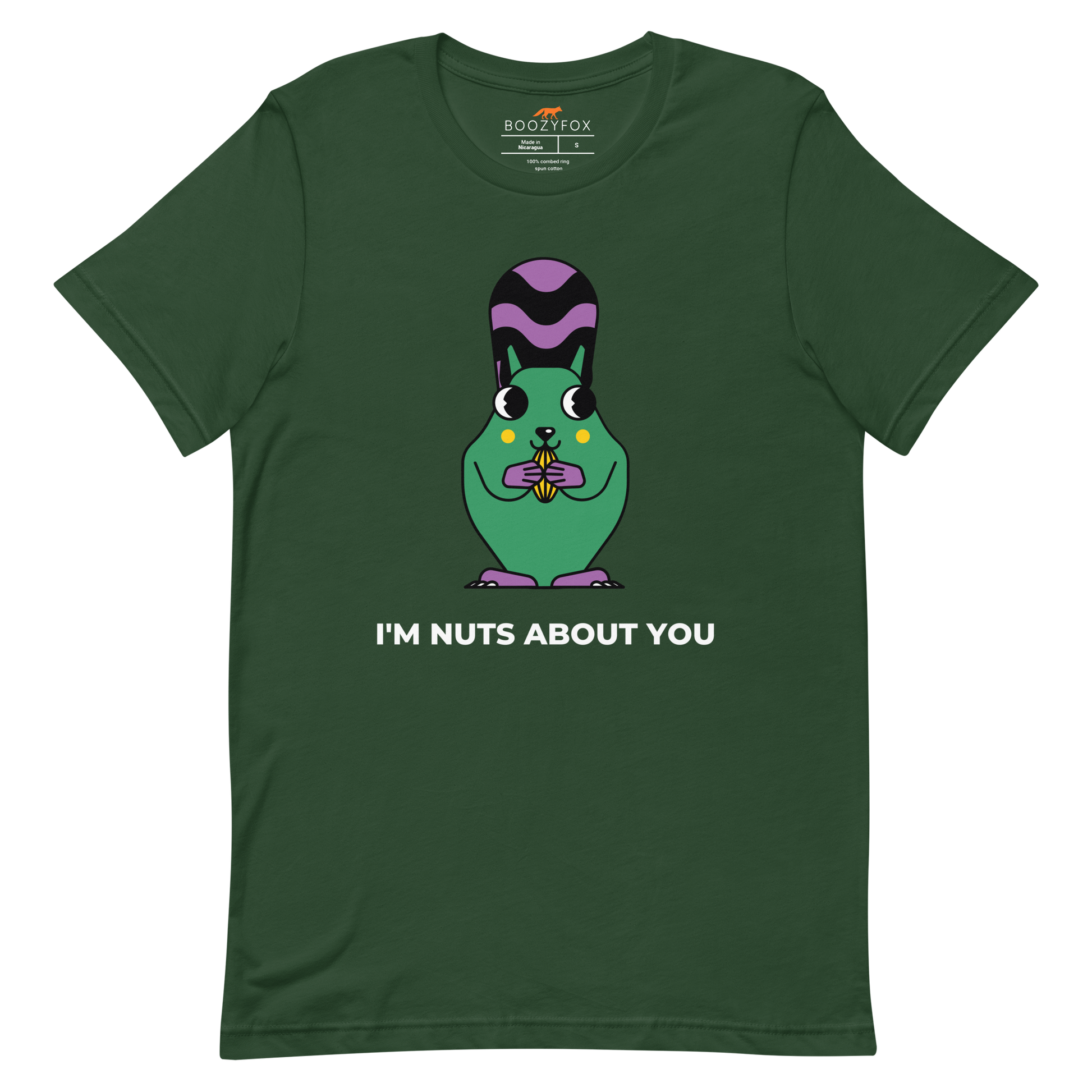 Forest Green Premium Squirrel T-Shirt featuring an I'm Nuts About You graphic on the chest - Funny Graphic Squirrel Tees - Boozy Fox