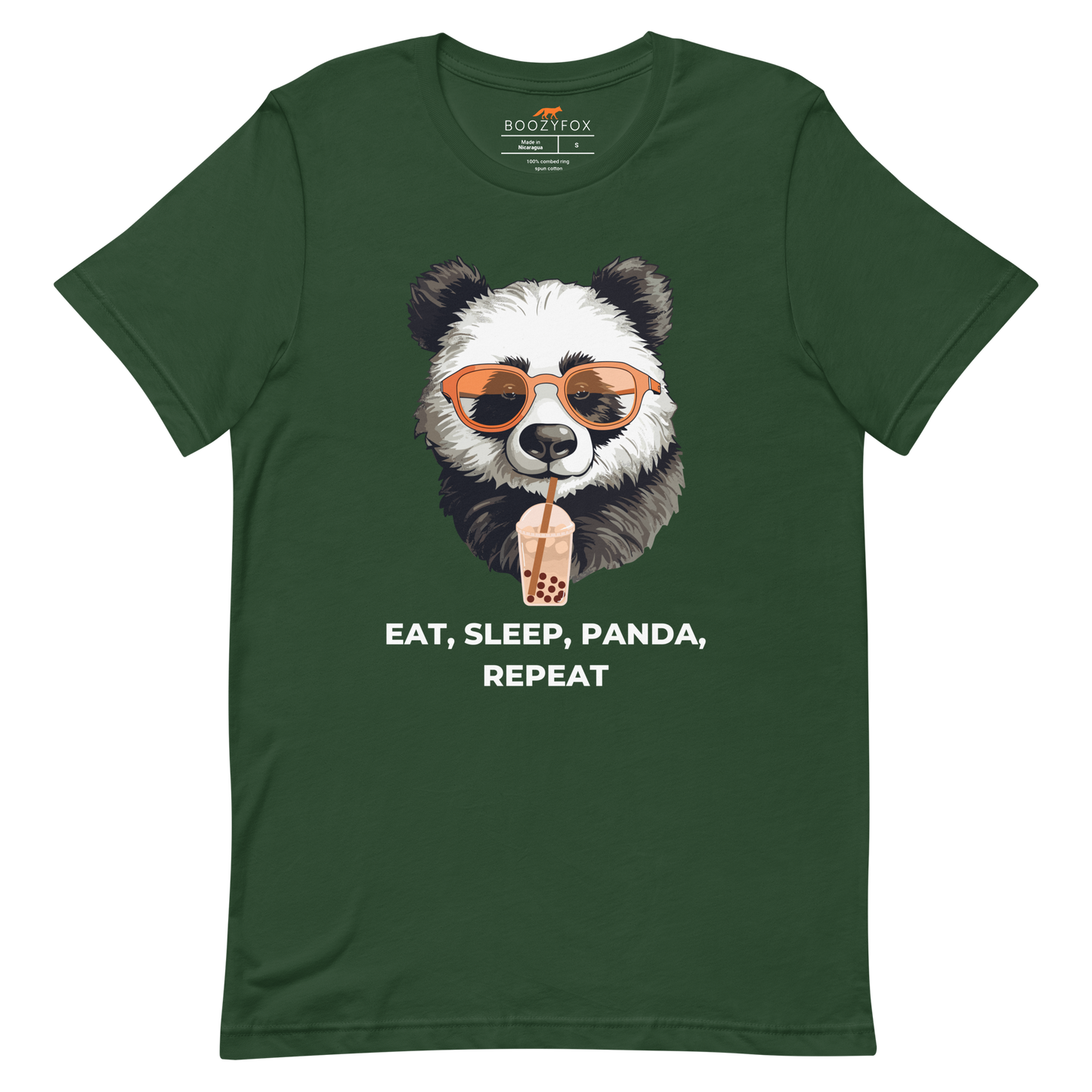 Forest Green Premium Panda Tee featuring an adorable Eat, Sleep, Panda, Repeat graphic on the chest - Funny Graphic Panda Tees - Boozy Fox