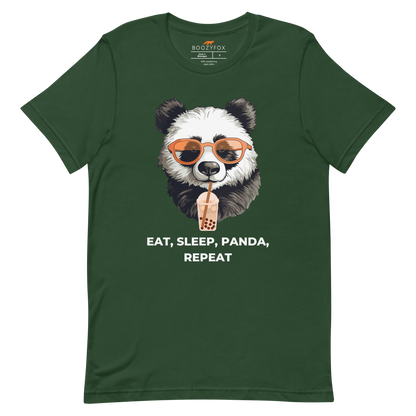 Forest Green Premium Panda Tee featuring an adorable Eat, Sleep, Panda, Repeat graphic on the chest - Funny Graphic Panda Tees - Boozy Fox