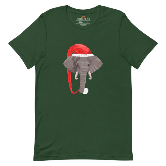 Forest Green Premium Christmas Elephant Tee featuring a delight Elephant Wearing a Elf Hat graphic on the chest - Funny Christmas Graphic Elephant Tees - Boozy Fox