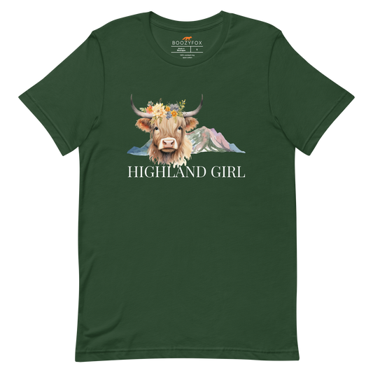 Forest Green Premium Highland Cow T-Shirt featuring an adorable Highland Girl graphic on the chest - Cute Graphic Highland Cow Tees - Boozy Fox