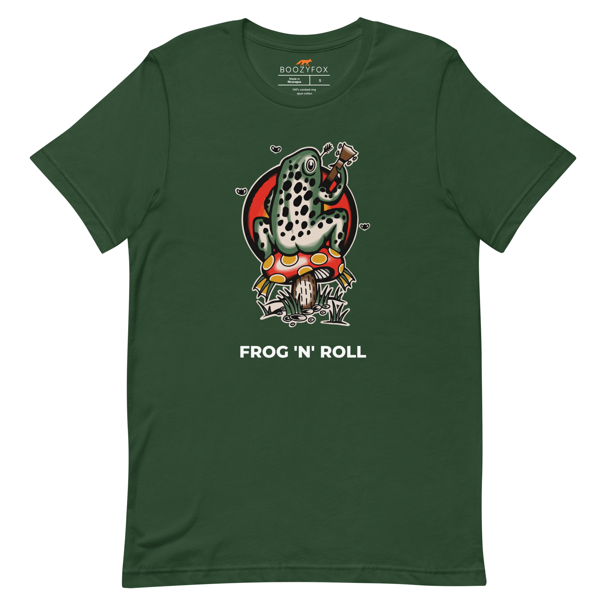 Forest Green Premium Frog Tee featuring a funny Frog 'n' Roll graphic on the chest - Funny Graphic Frog Tees - Boozy Fox