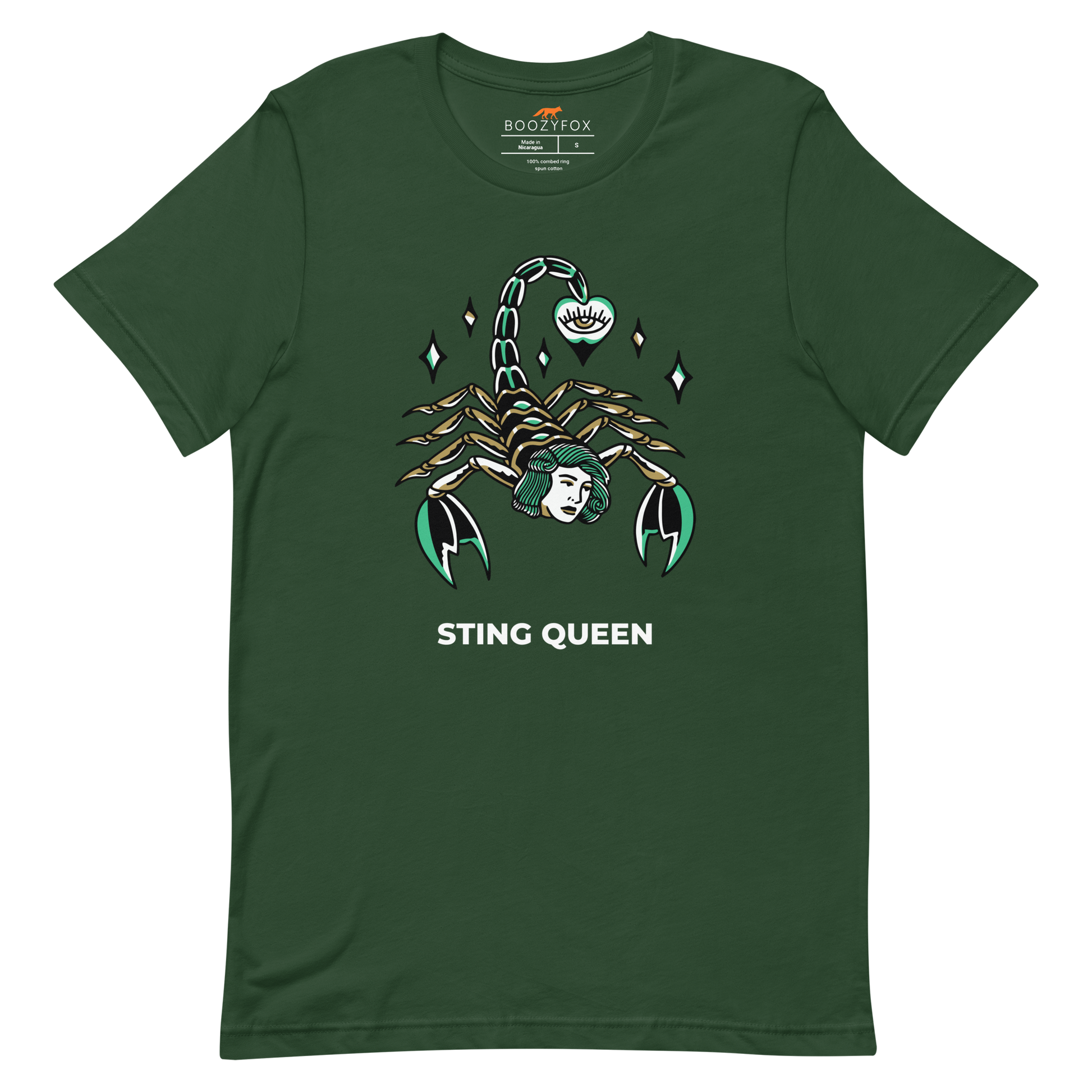 Forest Green Premium Scorpion Tee featuring The Sting Queen graphic on the chest - Cool Graphic Scorpion Tees - Boozy Fox