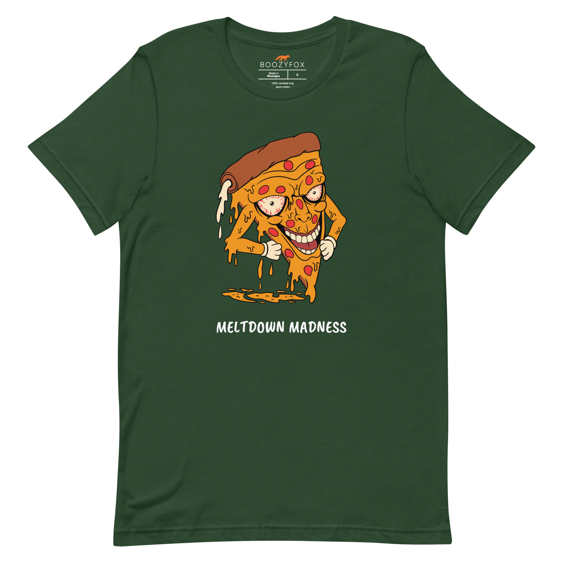 Forest Green Premium Melting Pizza Tee featuring a Meltdown Madness graphic on the chest - Funny Graphic Pizza Tees - Boozy Fox