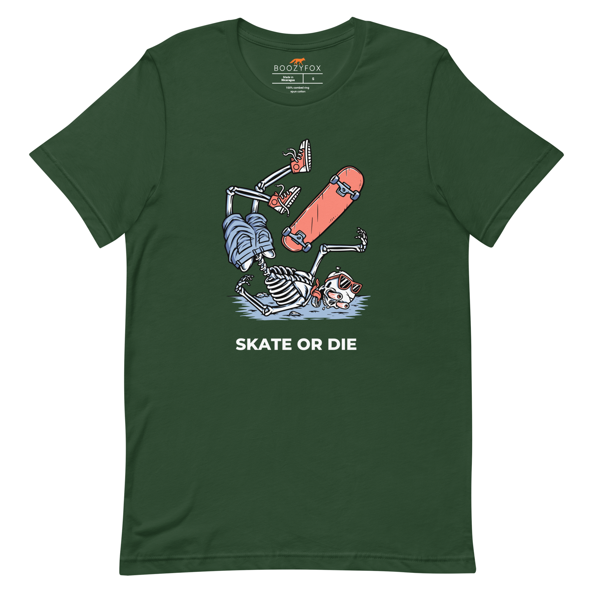 Forest Green Premium Skate or Die Tee featuring a daring Skeleton Falling While Skateboarding graphic on the chest - Funny Graphic Skeleton Tees - Boozy Fox