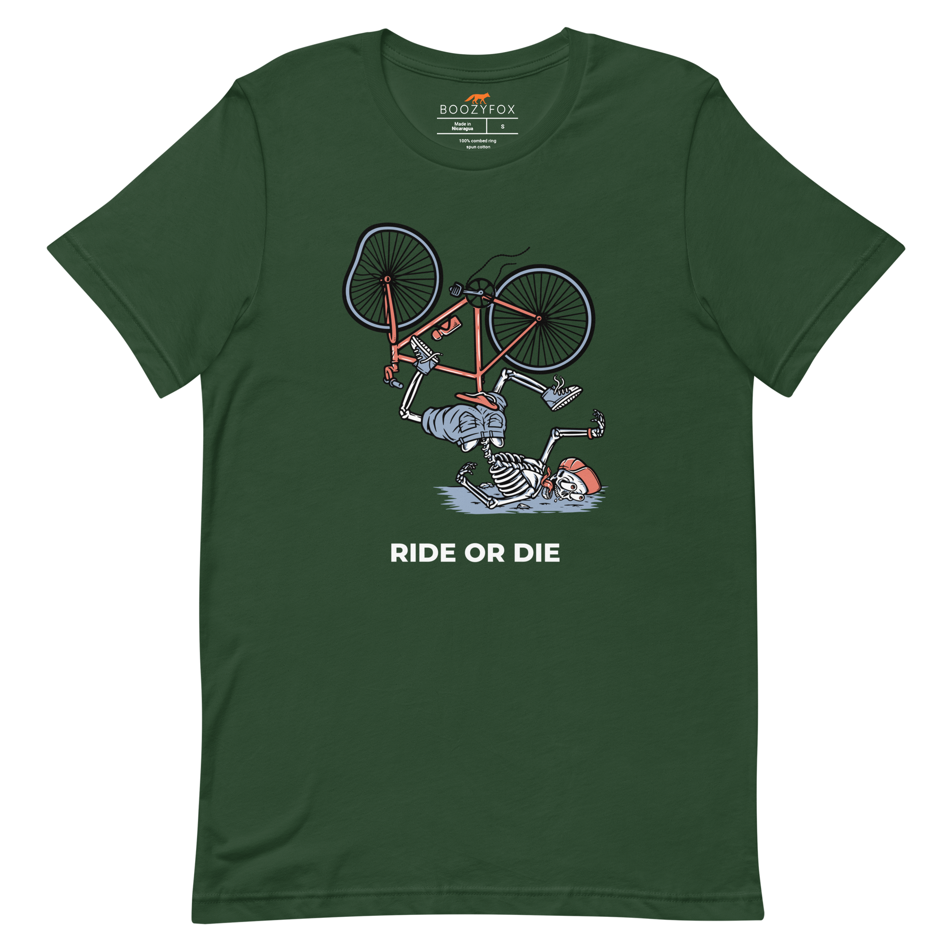 Forest Green Premium Ride or Die Tee featuring a bold Skeleton Falling While Riding a Bicycle graphic on the chest - Funny Graphic Skeleton Tees - Boozy Fox