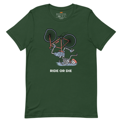 Forest Green Premium Ride or Die Tee featuring a bold Skeleton Falling While Riding a Bicycle graphic on the chest - Funny Graphic Skeleton Tees - Boozy Fox