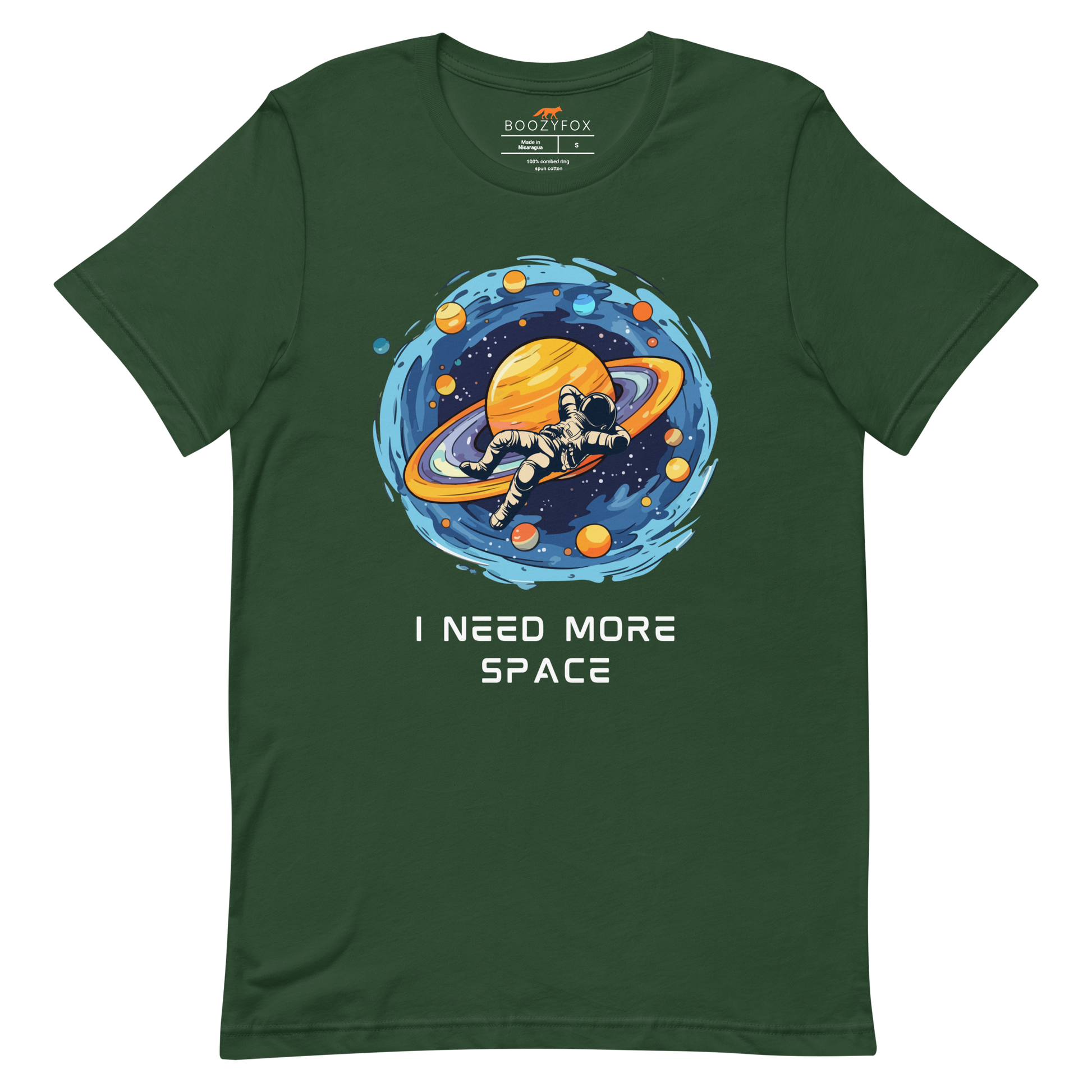Forest Green Premium Astronaut Tee featuring a captivating I Need More Space graphic on the chest - Funny Graphic Space Tees - Boozy Fox
