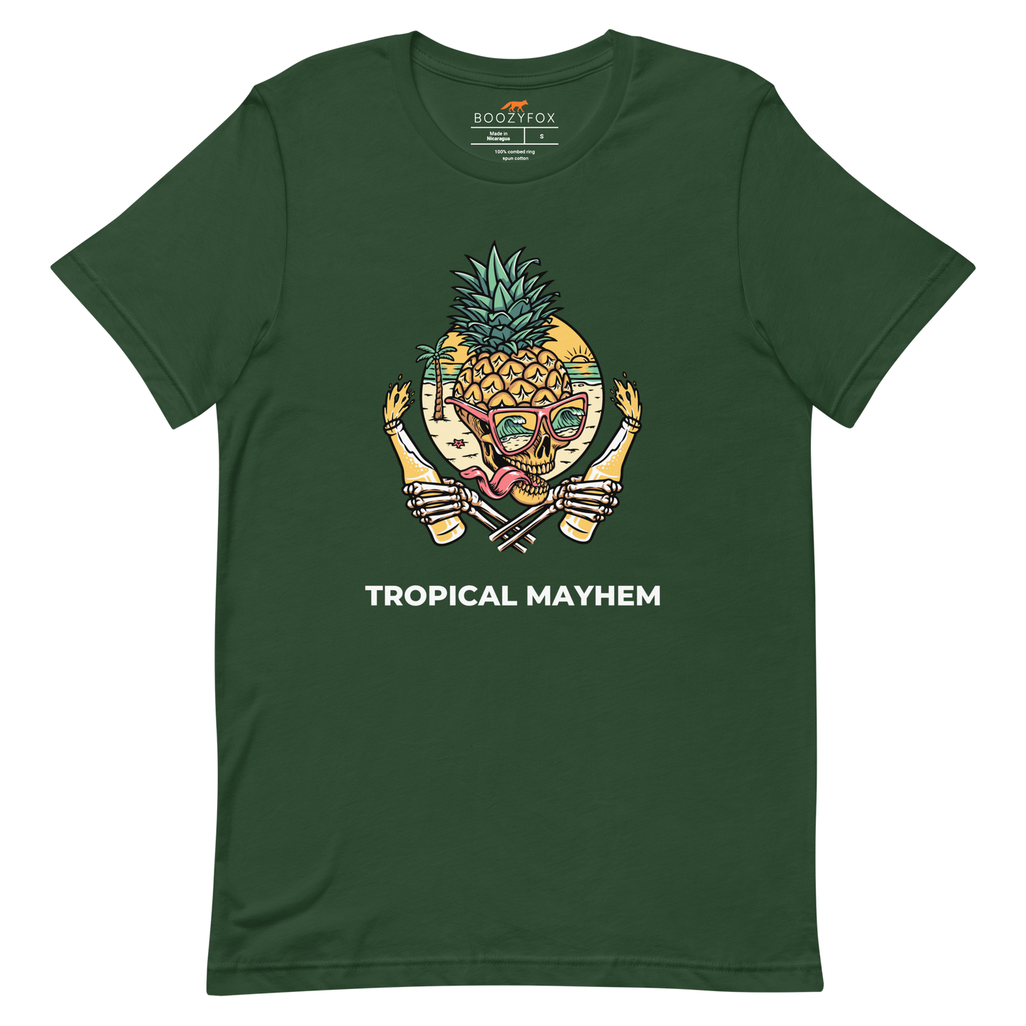 Forest Green Premium Tropical Mayhem Tee featuring a Crazy Pineapple Skull graphic on the chest - Funny Graphic Pineapple Tees - Boozy Fox
