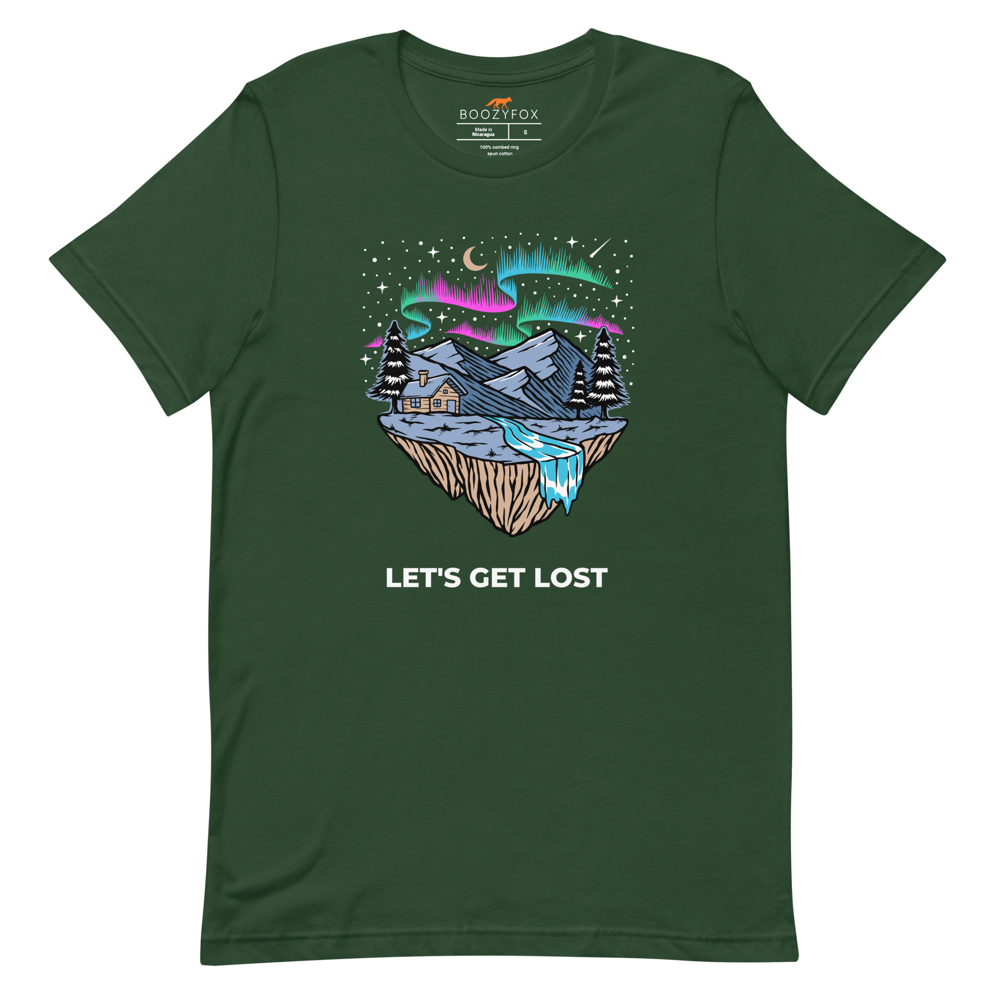 Forest Green Premium Let's Get Lost Tee featuring a mesmerizing night sky, adorned with stars and aurora borealis graphic on the chest - Cool Graphic Northern Lights Tees - Boozy Fox