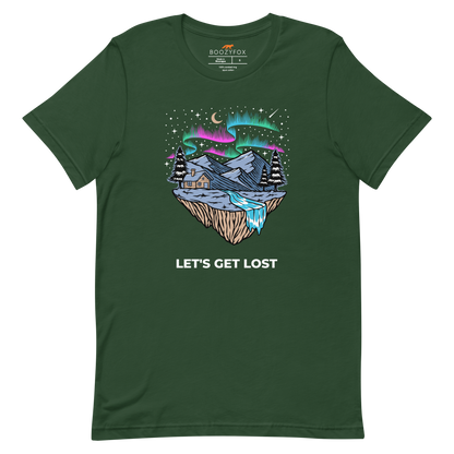 Forest Green Premium Let's Get Lost Tee featuring a mesmerizing night sky, adorned with stars and aurora borealis graphic on the chest - Cool Graphic Northern Lights Tees - Boozy Fox