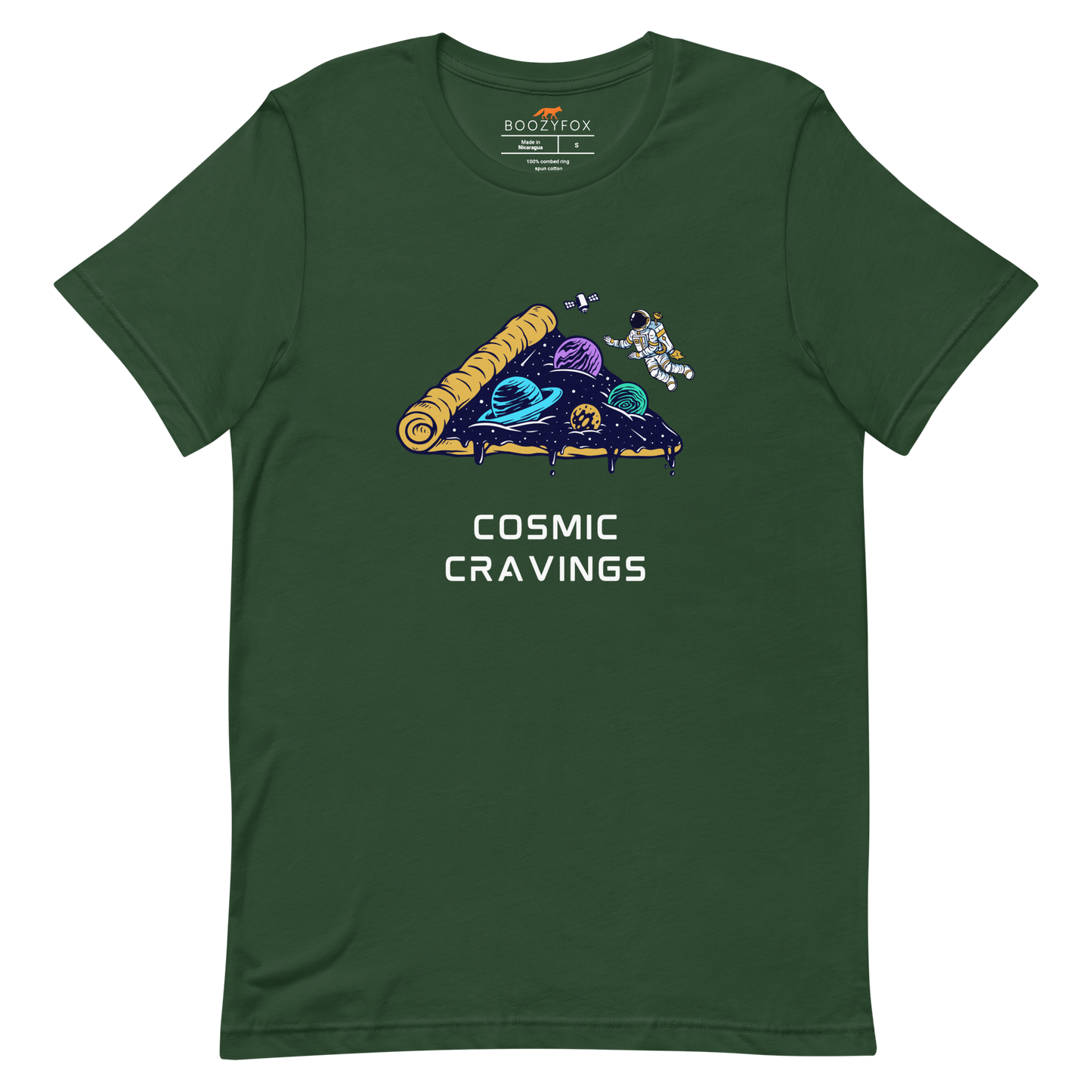 Forest Green Premium Cosmic Cravings Tee featuring an Astronaut Exploring a Pizza Universe graphic on the chest - Funny Graphic Space Tees - Boozy Fox