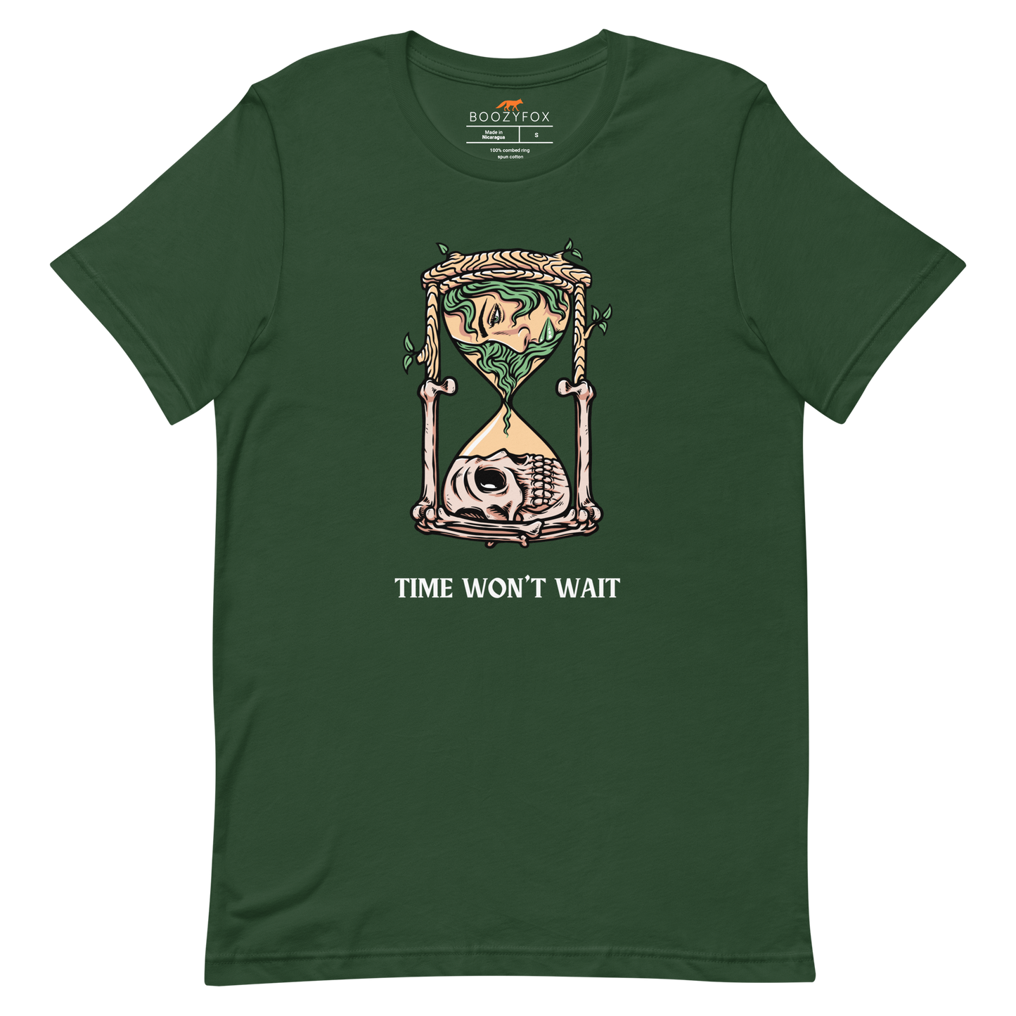 Forest Green Premium Hourglass Tee featuring a captivating Time Won't Wait graphic on the chest - Cool Graphic Hourglass Tees - Boozy Fox