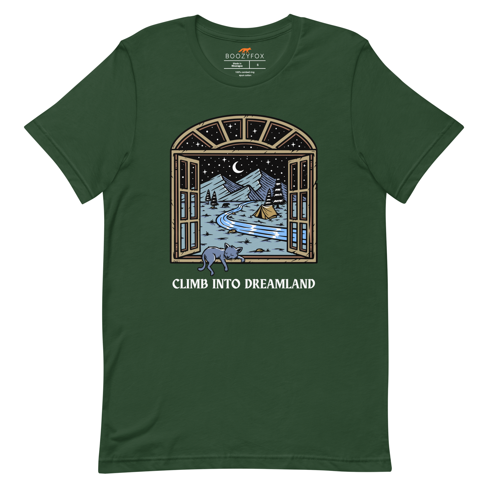 Forest Green Premium Climb Into Dreamland Tee featuring a mesmerizing mountain view graphic on the chest - Cool Graphic Nature Tees - Boozy Fox