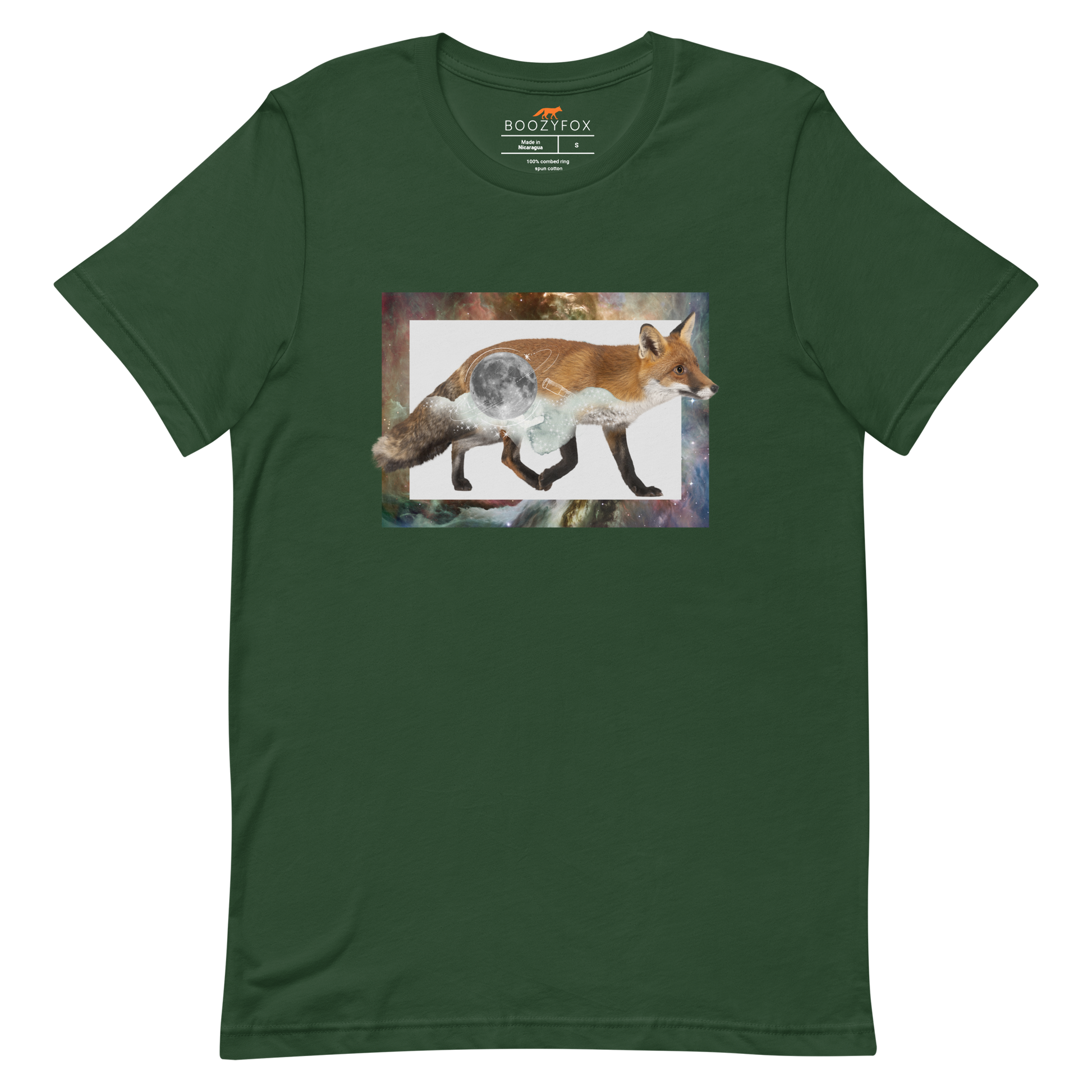 Forest Green Premium Fox T-Shirt featuring a stellar Space Fox graphic on the chest - Cool Graphic Fox Tees - Boozy Fox