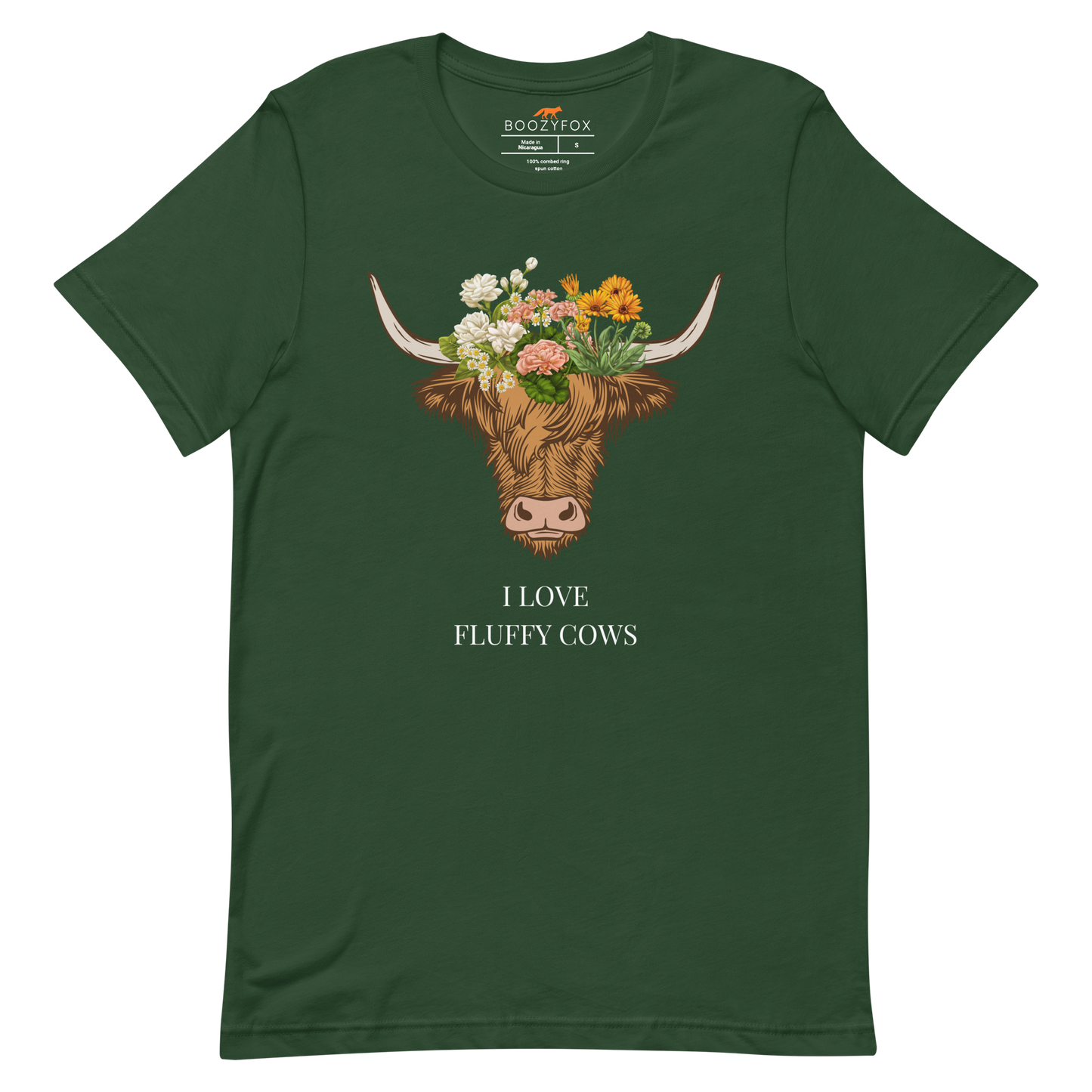 Forest Green Premium Highland Cow Tee featuring an adorable I Love Fluffy Cows graphic on the chest - Cute Graphic Highland Cow Tees - Boozy Fox