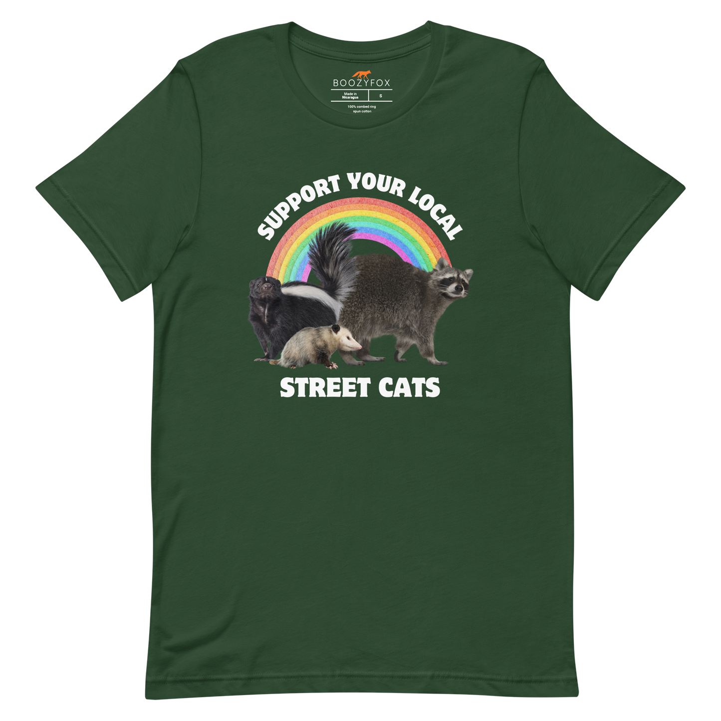 Forest Green Premium Street Cats Tee featuring a funny 'Support Your Local Street Cats' graphic on the chest - Funny Graphic Animal Tees - Boozy Fox