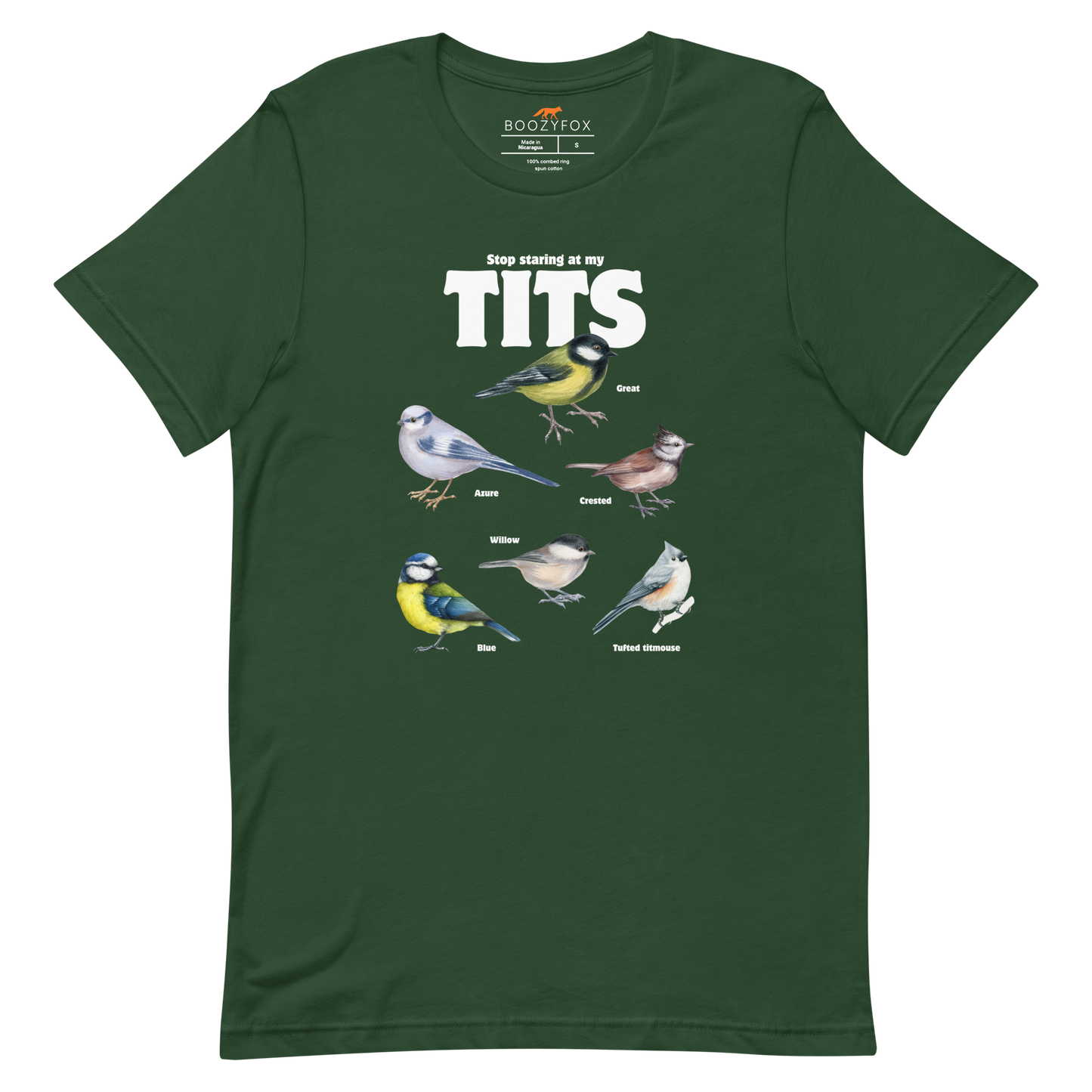 Forest Green Premium Tit Tee featuring a funny Stop Staring At My Tits graphic on the chest - Funny Graphic Tit Bird Tees - Boozy Fox