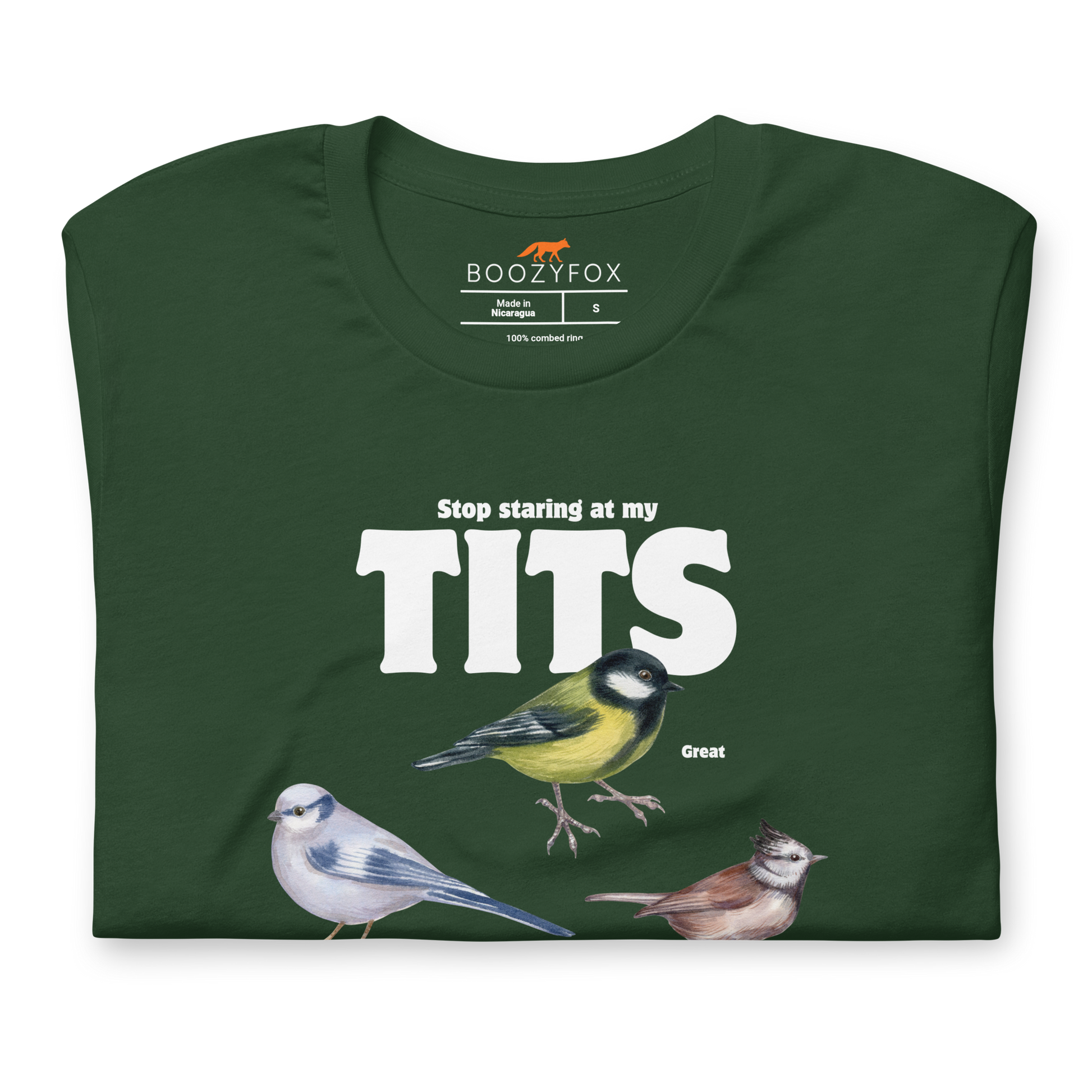 Front details of a Forest Green Premium Tit Tee featuring a funny Stop Staring At My Tits graphic on the chest - Funny Graphic Tit Bird Tees - Boozy Fox