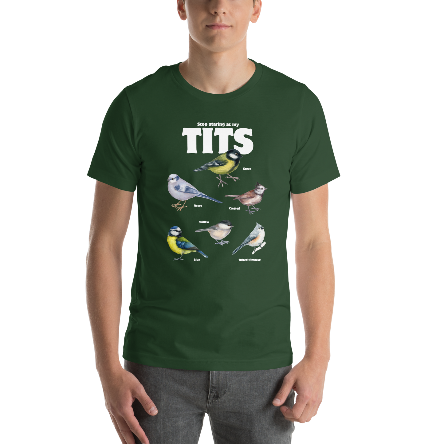 Man wearing a Forest Green Premium Tit Tee featuring a funny Stop Staring At My Tits graphic on the chest - Funny Graphic Tit Bird Tees - Boozy Fox