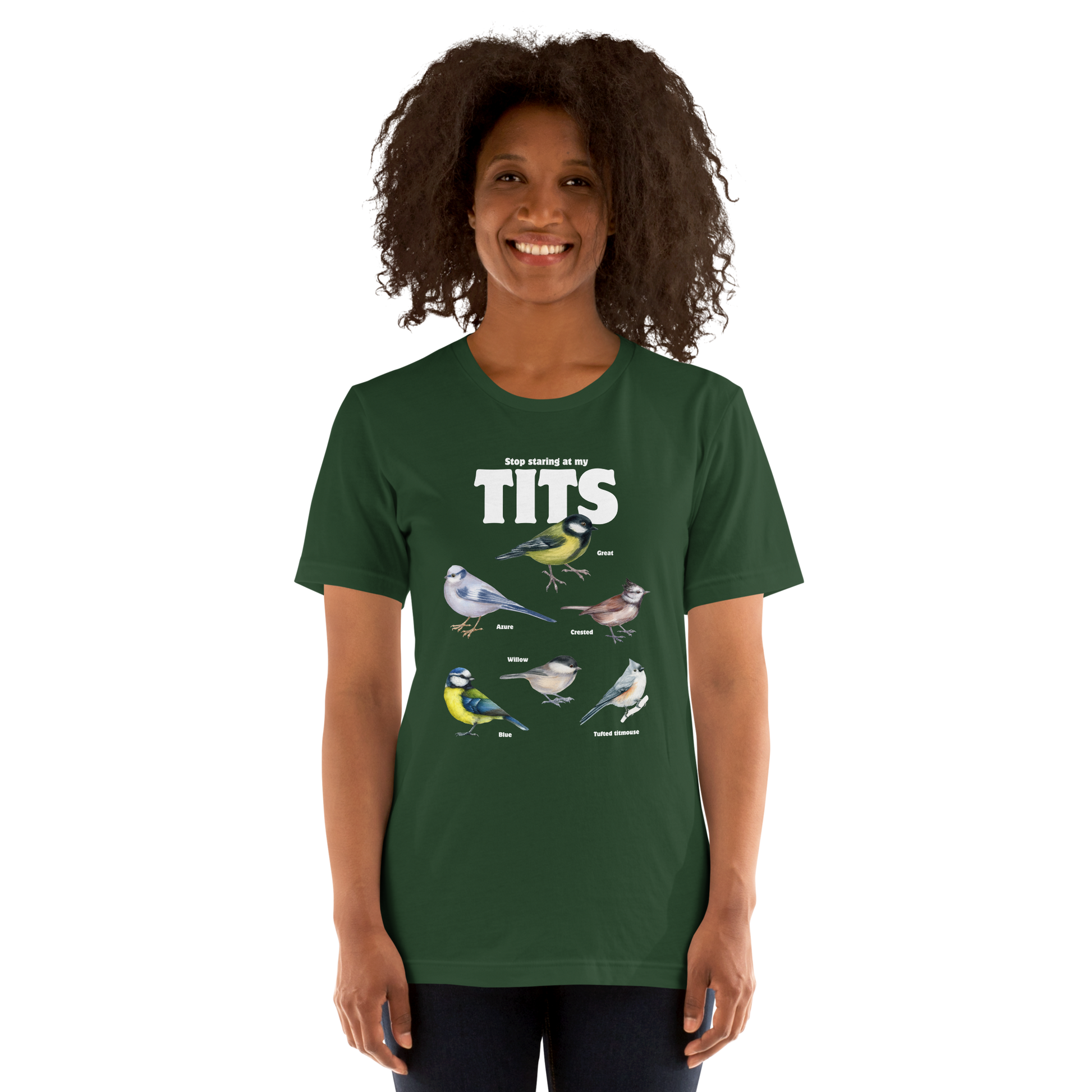 Smiling woman wearing a Forest Green Premium Tit Tee featuring a funny Stop Staring At My Tits graphic on the chest - Funny Graphic Tit Bird Tees - Boozy Fox
