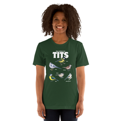 Smiling woman wearing a Forest Green Premium Tit Tee featuring a funny Stop Staring At My Tits graphic on the chest - Funny Graphic Tit Bird Tees - Boozy Fox