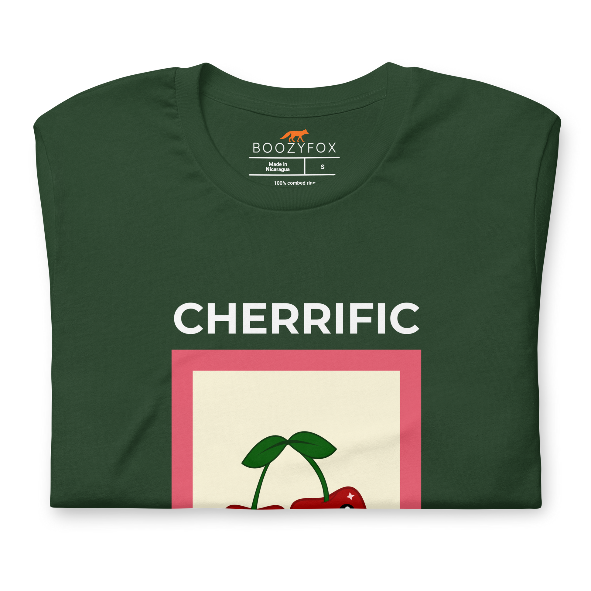 Front details of a Forest Green Premium Cherry Tee featuring a Cherrific graphic on the chest - Funny Graphic Cherry Tees - Boozy Fox