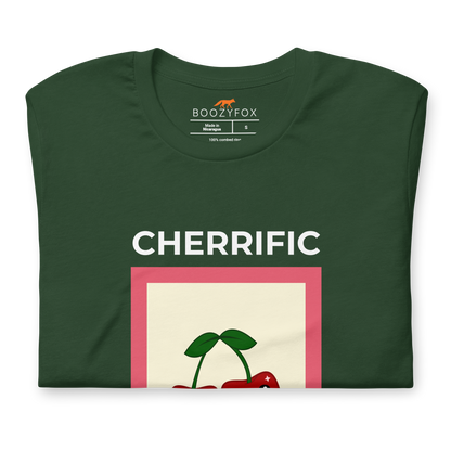 Front details of a Forest Green Premium Cherry Tee featuring a Cherrific graphic on the chest - Funny Graphic Cherry Tees - Boozy Fox